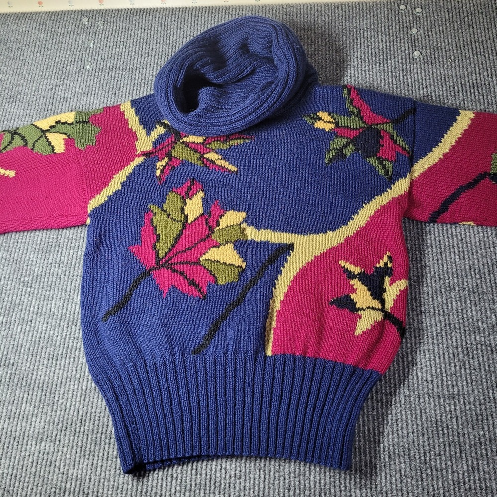 Vintage Berek Hand Knitted‎ Big Turtleneck Floral Sweater Bergdorf Goodman Sz M - Picture 2 of 8